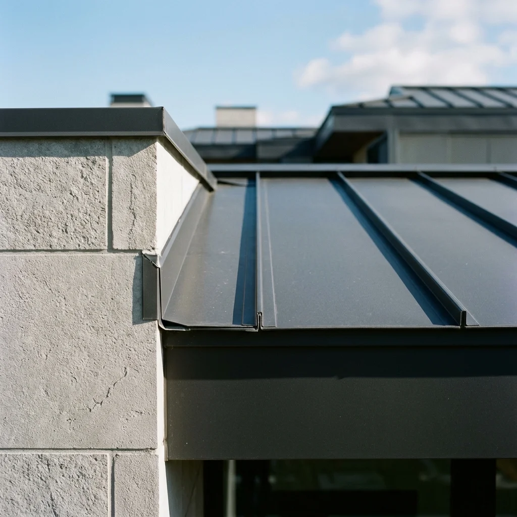 Close-up of premium dark charcoal standing seam metal roofing on a modern architectural building